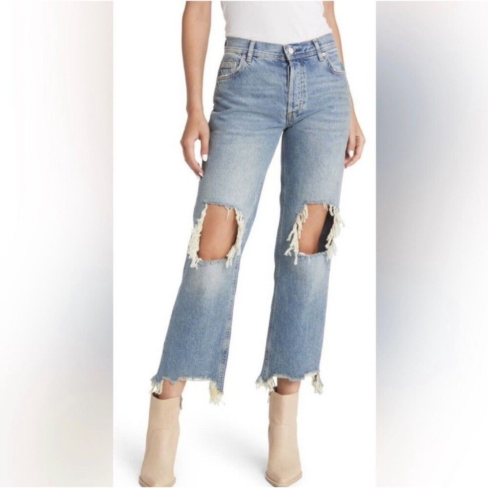 We The Free Distressed Maggie Mid Rise Straight Leg Jeans Blue 28